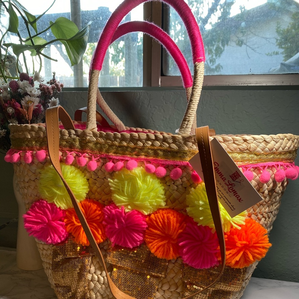 Emma Lomax Ice Cream Pom Pom Straw Tote Bag - Picture 2 of 16